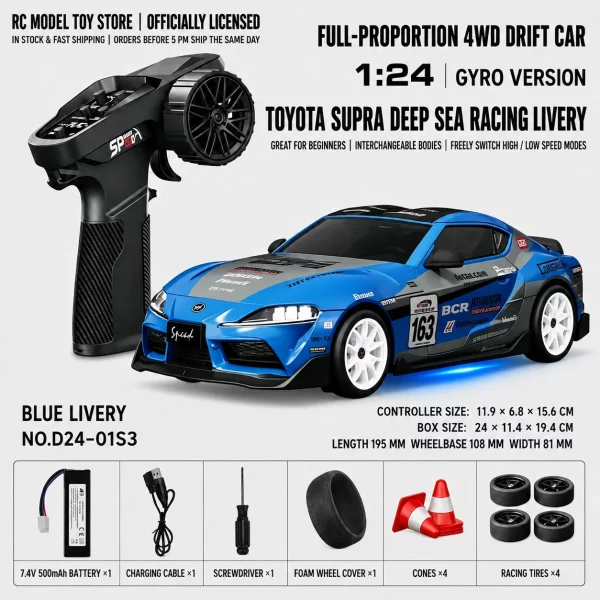 Toyota GR Supra&Dodge Challenger&Porsche 911 GT3 RS&Subaru WRX STI&Toyota AE86 Trueno 1:24 Scale 4WD RC Drift Car – Full Proportional Mini Drift Racing Car with Adjustable Speed