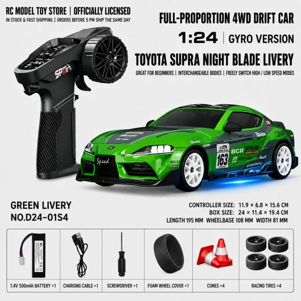 Toyota GR Supra&Dodge Challenger&Porsche 911 GT3 RS&Subaru WRX STI&Toyota AE86 Trueno 1:24 Scale 4WD RC Drift Car – Full Proportional Mini Drift Racing Car with Adjustable Speed