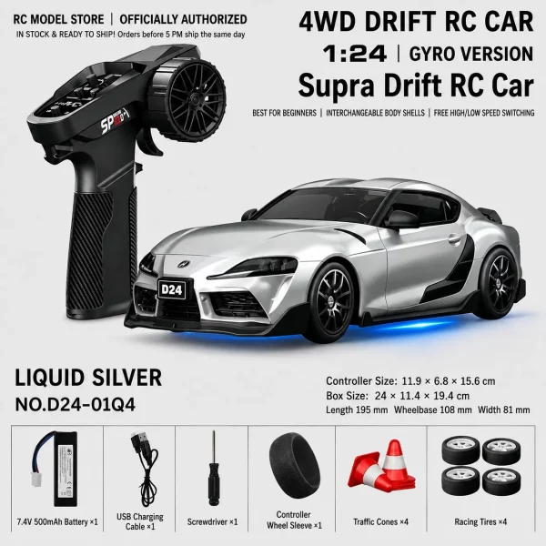 Toyota GR Supra&Dodge Challenger&Porsche 911 GT3 RS&Subaru WRX STI&Toyota AE86 Trueno 1:24 Scale 4WD RC Drift Car – Full Proportional Mini Drift Racing Car with Adjustable Speed