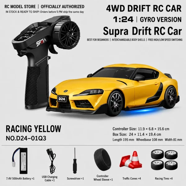 Toyota GR Supra&Dodge Challenger&Porsche 911 GT3 RS&Subaru WRX STI&Toyota AE86 Trueno 1:24 Scale 4WD RC Drift Car – Full Proportional Mini Drift Racing Car with Adjustable Speed