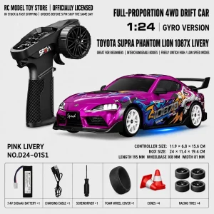 Toyota GR Supra&Dodge Challenger&Porsche 911 GT3 RS&Subaru WRX STI&Toyota AE86 Trueno 1:24 Scale 4WD RC Drift Car – Full Proportional Mini Drift Racing Car with Adjustable Speed
