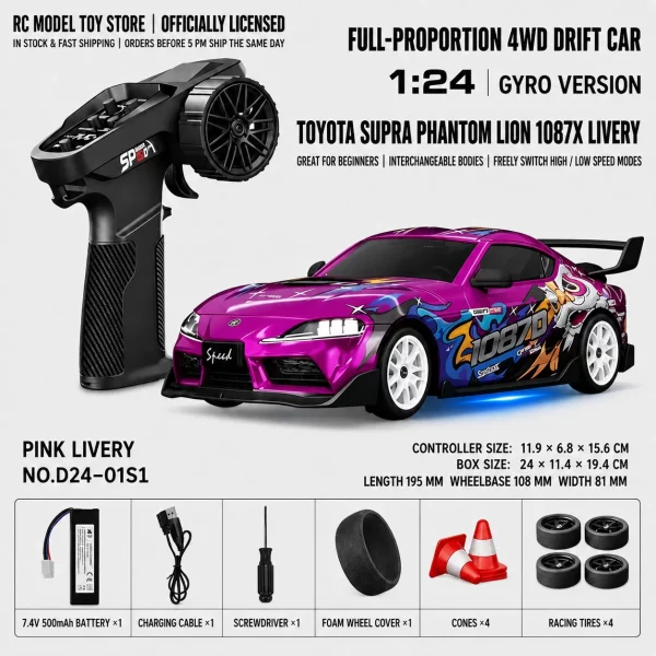 Toyota GR Supra&Dodge Challenger&Porsche 911 GT3 RS&Subaru WRX STI&Toyota AE86 Trueno 1:24 Scale 4WD RC Drift Car – Full Proportional Mini Drift Racing Car with Adjustable Speed