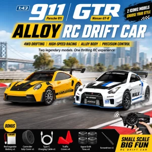 1:43 Scale Nissan GT-R & Porsche 911 4WD Full-Proportional RC Drift Cars