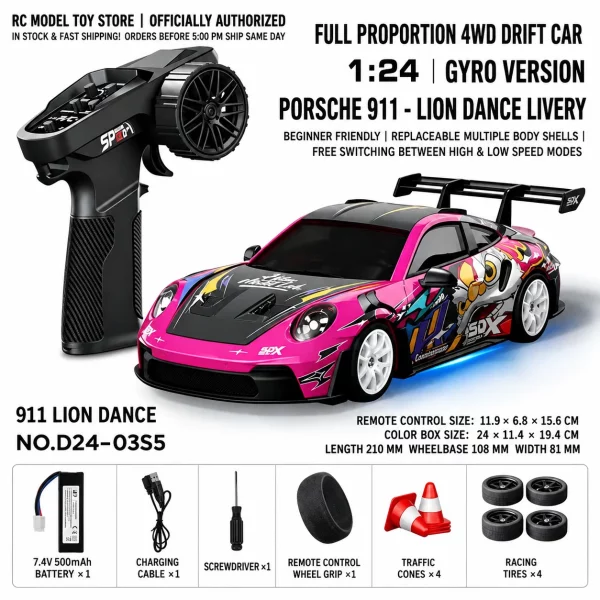 Toyota GR Supra&Dodge Challenger&Porsche 911 GT3 RS&Subaru WRX STI&Toyota AE86 Trueno 1:24 Scale 4WD RC Drift Car – Full Proportional Mini Drift Racing Car with Adjustable Speed