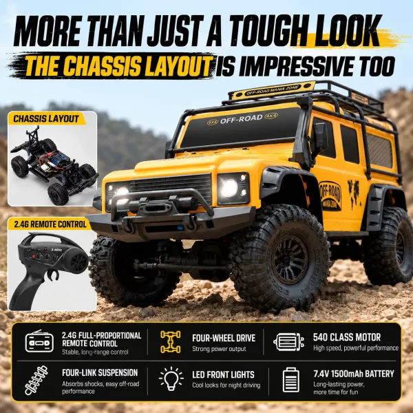 1:10 Scale 4WD RC Off-Road Rock Crawler with Lights – Full-Function Remote Control Toy Truck