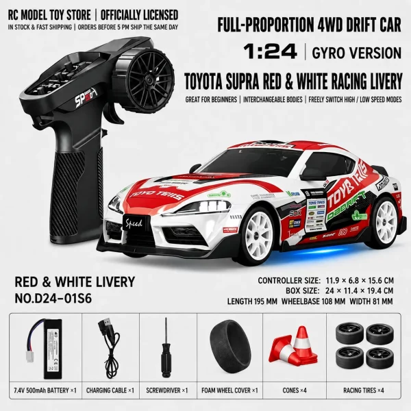 Toyota GR Supra&Dodge Challenger&Porsche 911 GT3 RS&Subaru WRX STI&Toyota AE86 Trueno 1:24 Scale 4WD RC Drift Car – Full Proportional Mini Drift Racing Car with Adjustable Speed